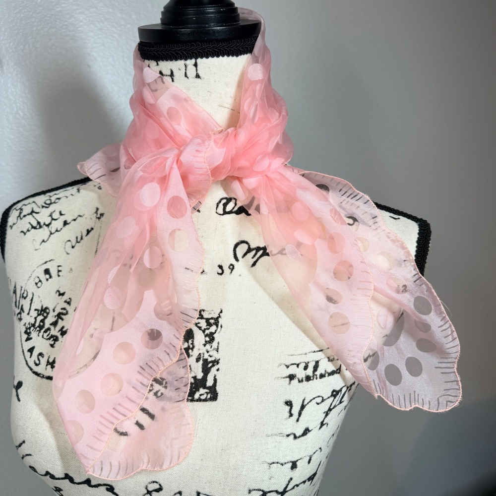 Polka Dot Sheer Scarf Women Pink Chiffon Scalloped Edge Vintage Japan